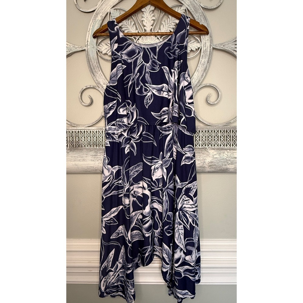 Soma Navy Blue White Floral Popover Sharkbite Hem Midi Dress Womens Medium EUC